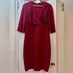 ADRIANNA PAPELL Ruby Red V-Neck Layered 3/4 Sleeve Cocktail Party Evening Dress